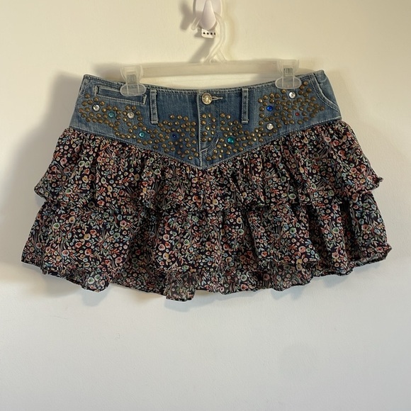 Y2K Western Ruffle Mini Skirt 6 Jean Floral Jewel Stud Express Denim 00s Baby - Picture 2 of 16